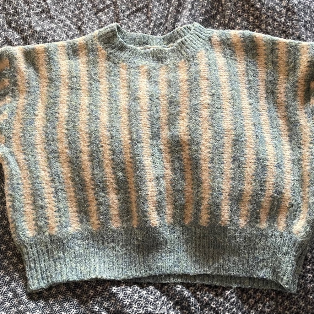 Cozy Striped Cropped Blue and Cream Mock-Turtleneck Sweater
